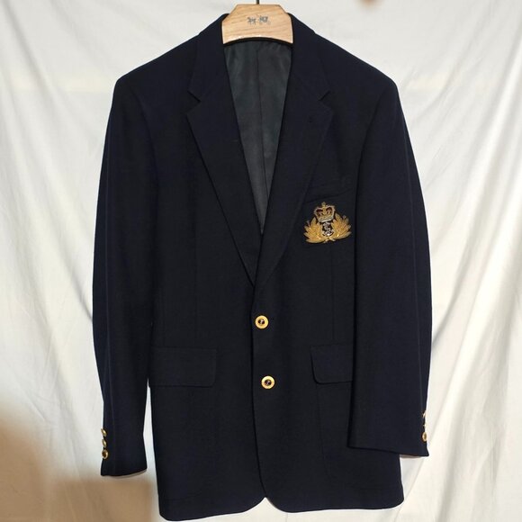 Wool Blazer w Royal Navy Officer Cap Badge w Gallery of London Navy Buttons - L* - Picture 1 of 6